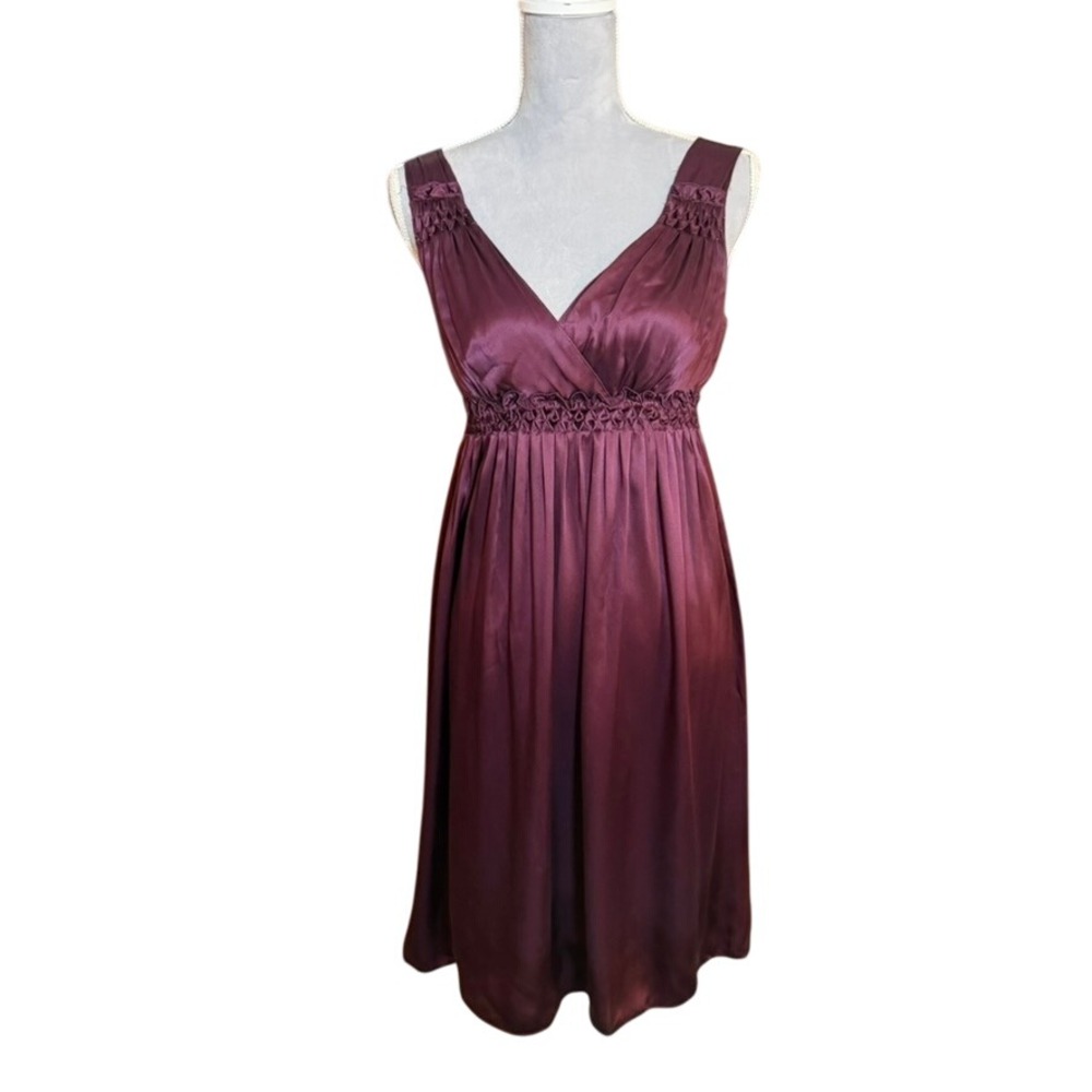 Studio M Burgundy Silk Satin Sleeveless Midi Dress S Ruched V Neck Hourglass